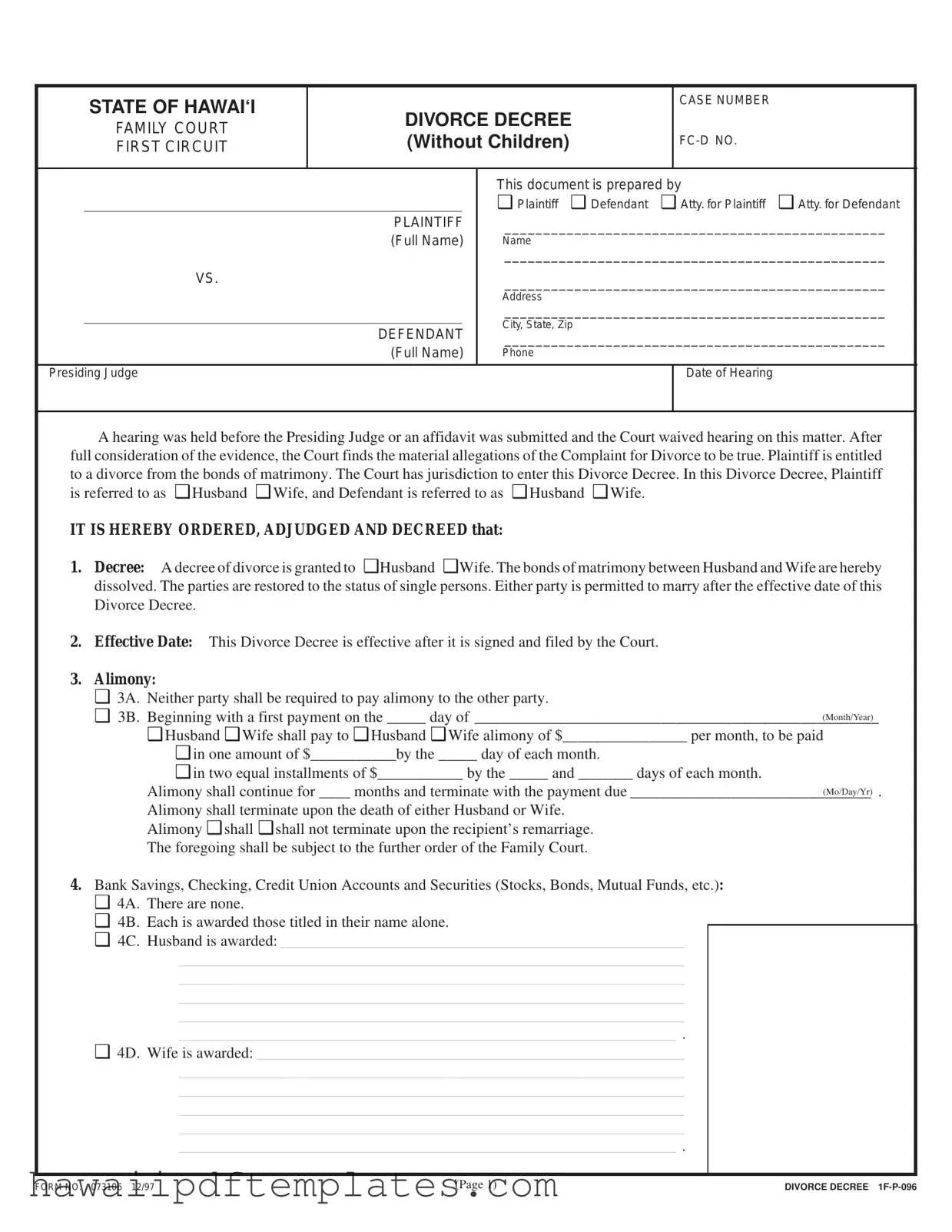 Divorce Decree Hawaii PDF Form