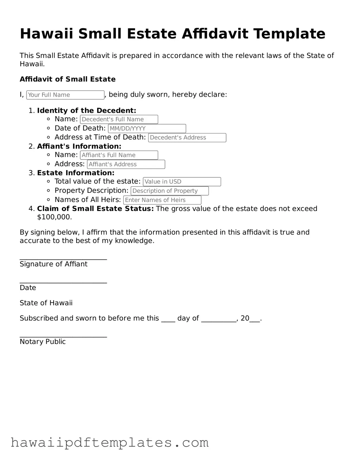 Free Small Estate Affidavit Document for Hawaii State