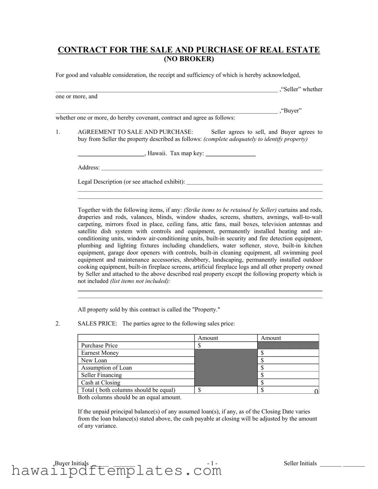 Hawaii Agreement Of Sale PDF Form