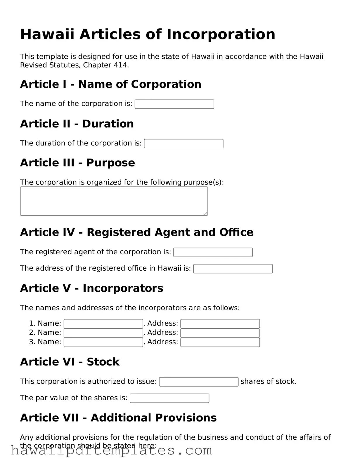 Free Articles of Incorporation Document for Hawaii State