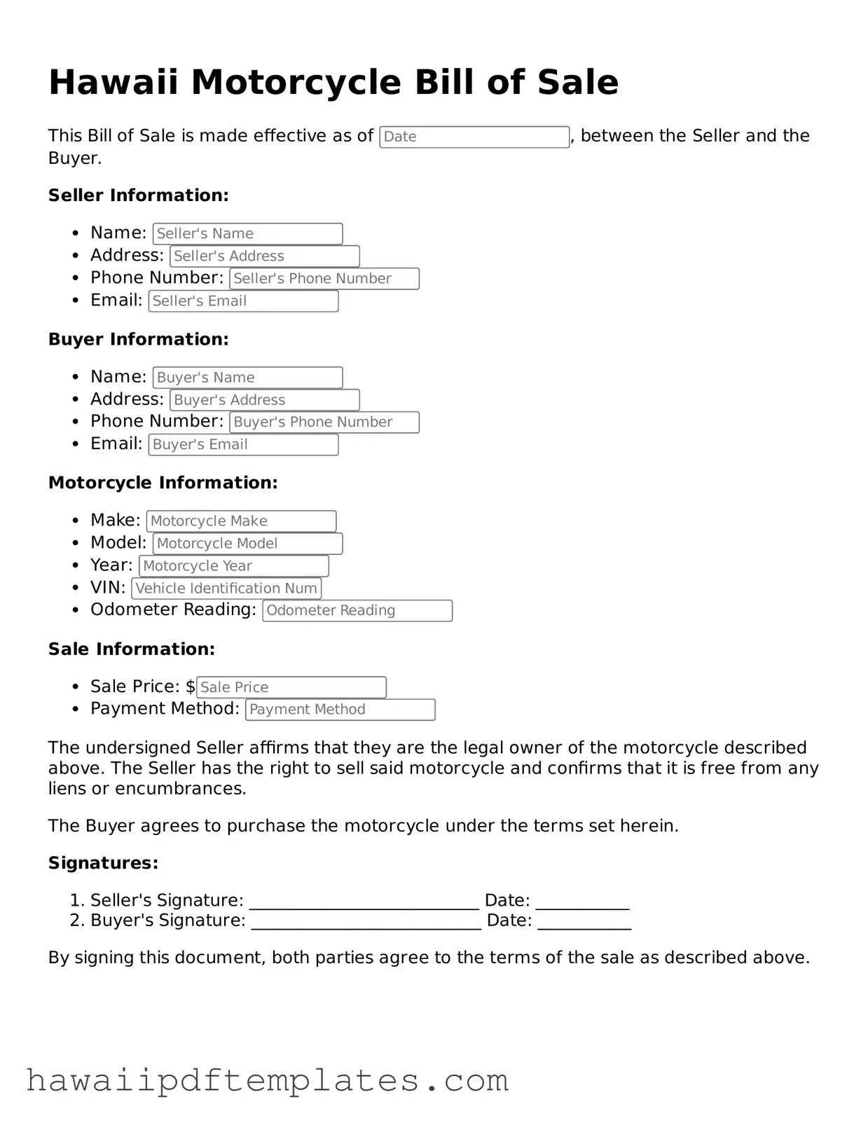 Free Motorcycle Bill of Sale Document for Hawaii State