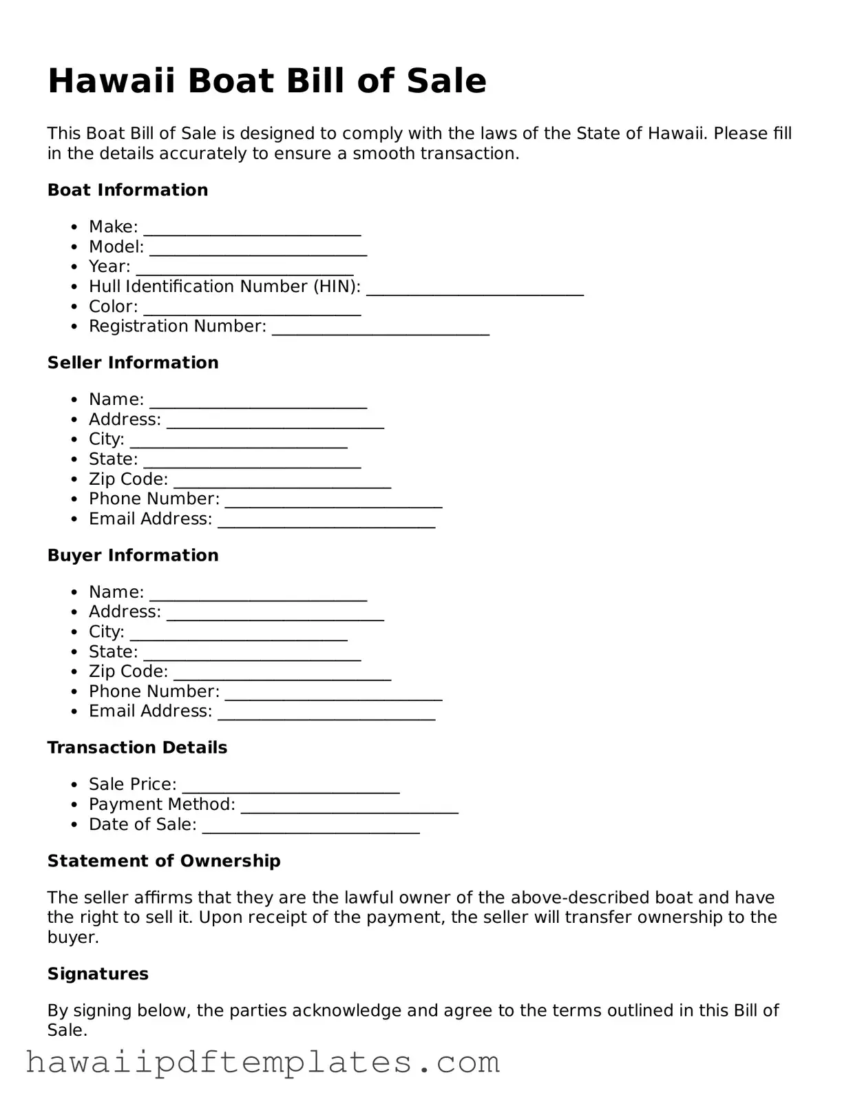 Free Boat Bill of Sale Document for Hawaii State