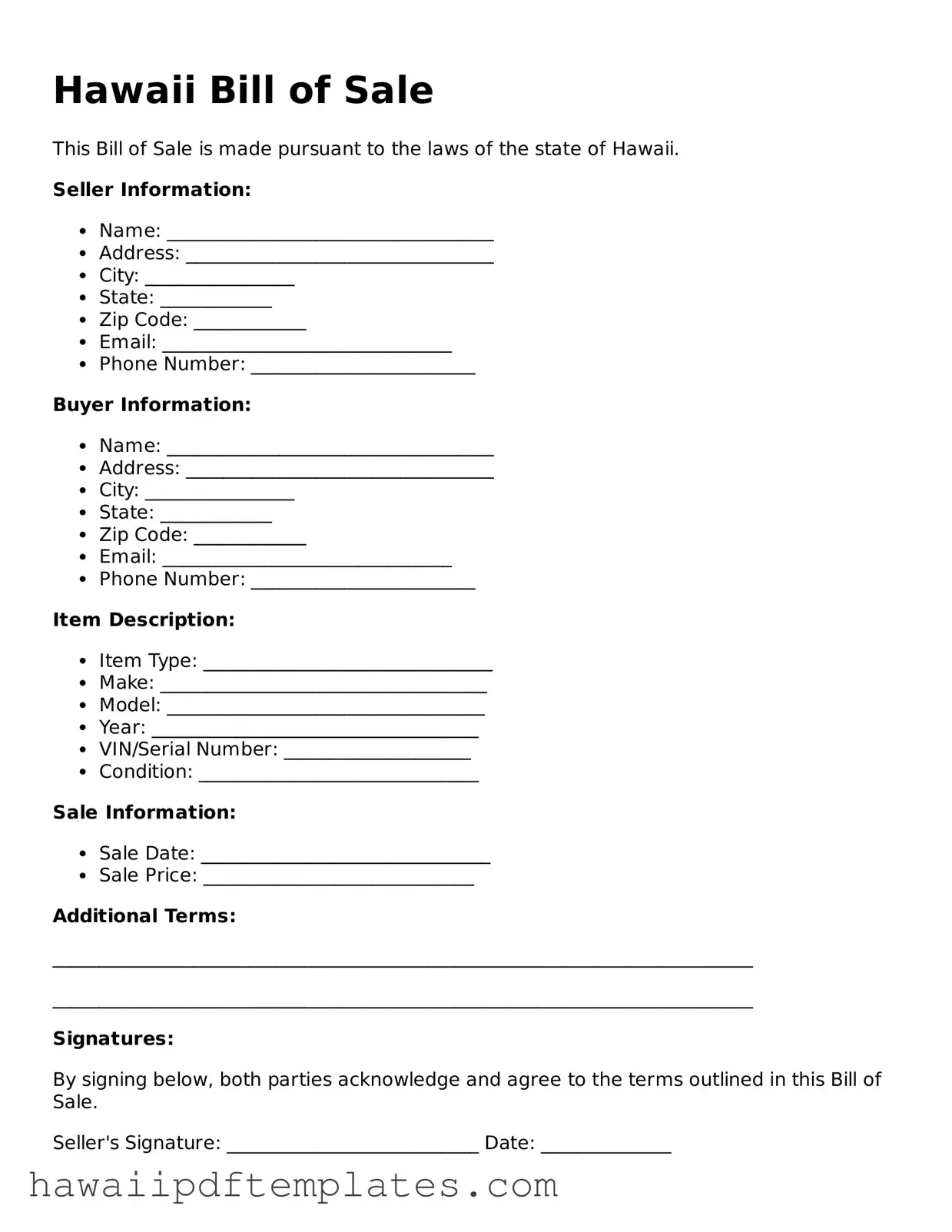 Free Bill of Sale Document for Hawaii State