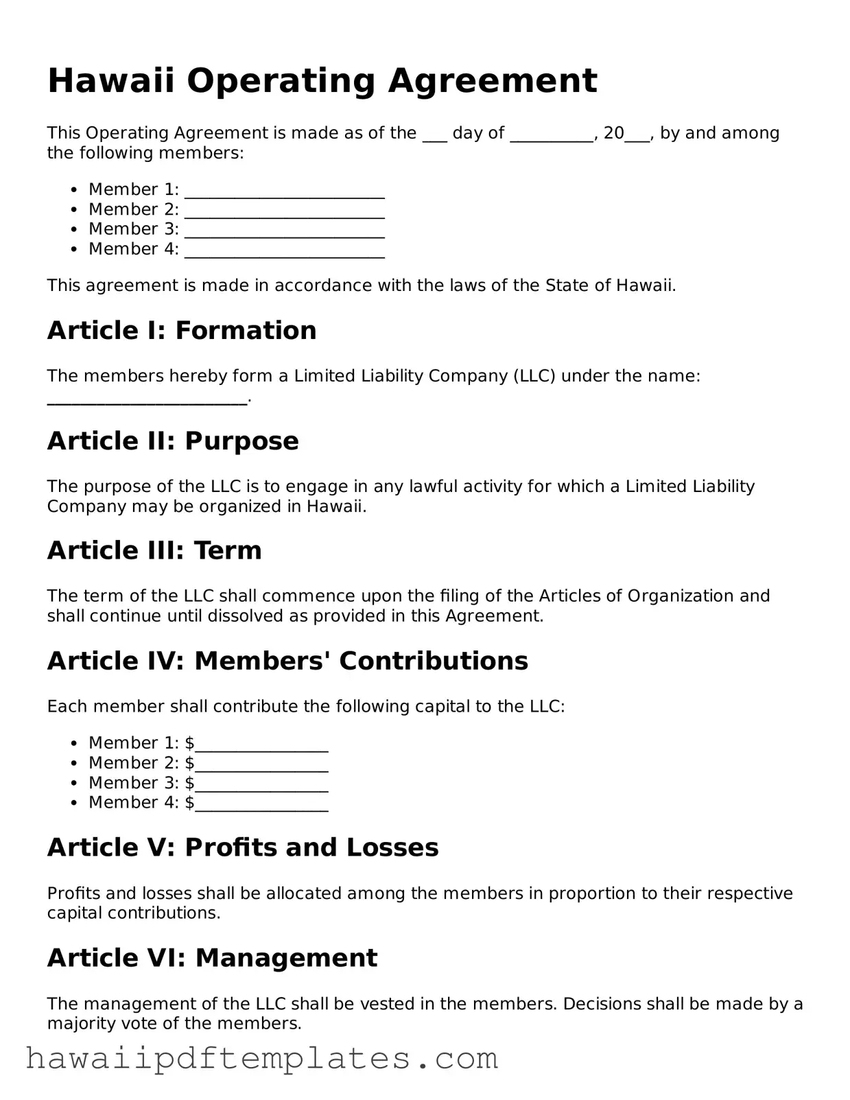 Free Operating Agreement Document for Hawaii State