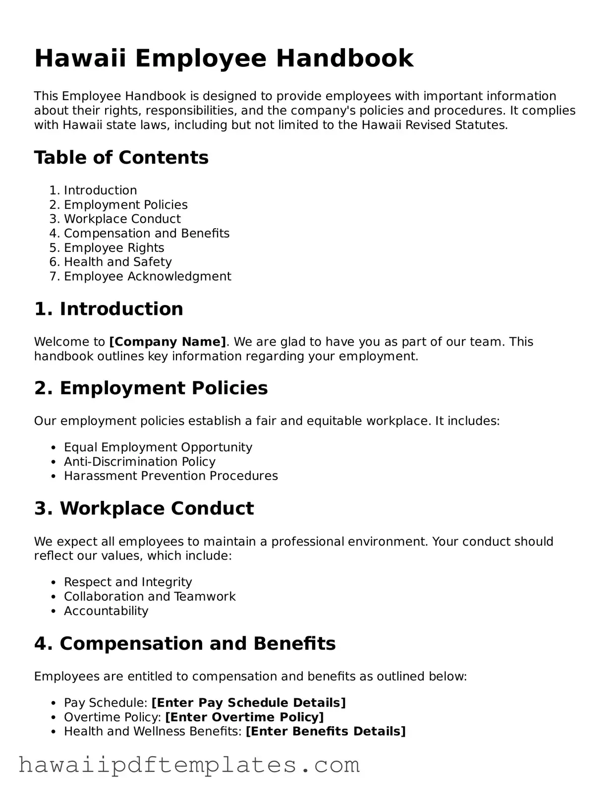 Free Employee Handbook Document for Hawaii State