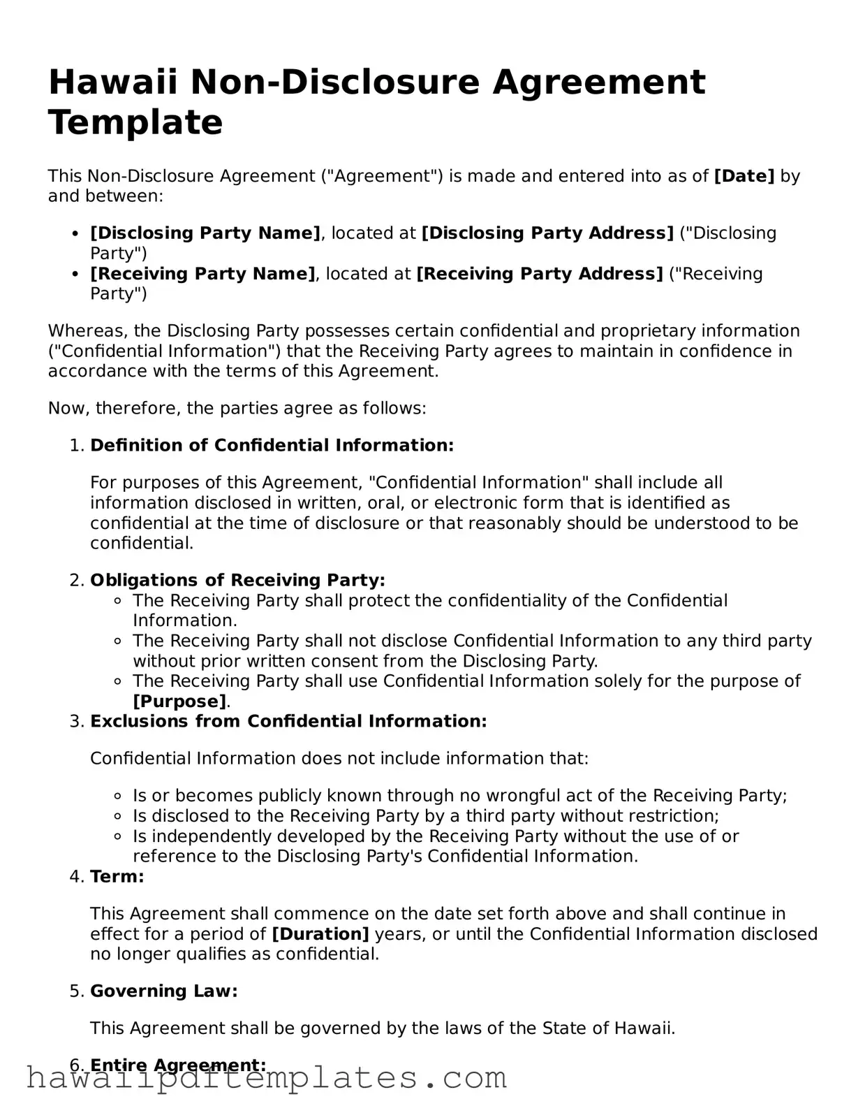 Free Non-disclosure Agreement Document for Hawaii State