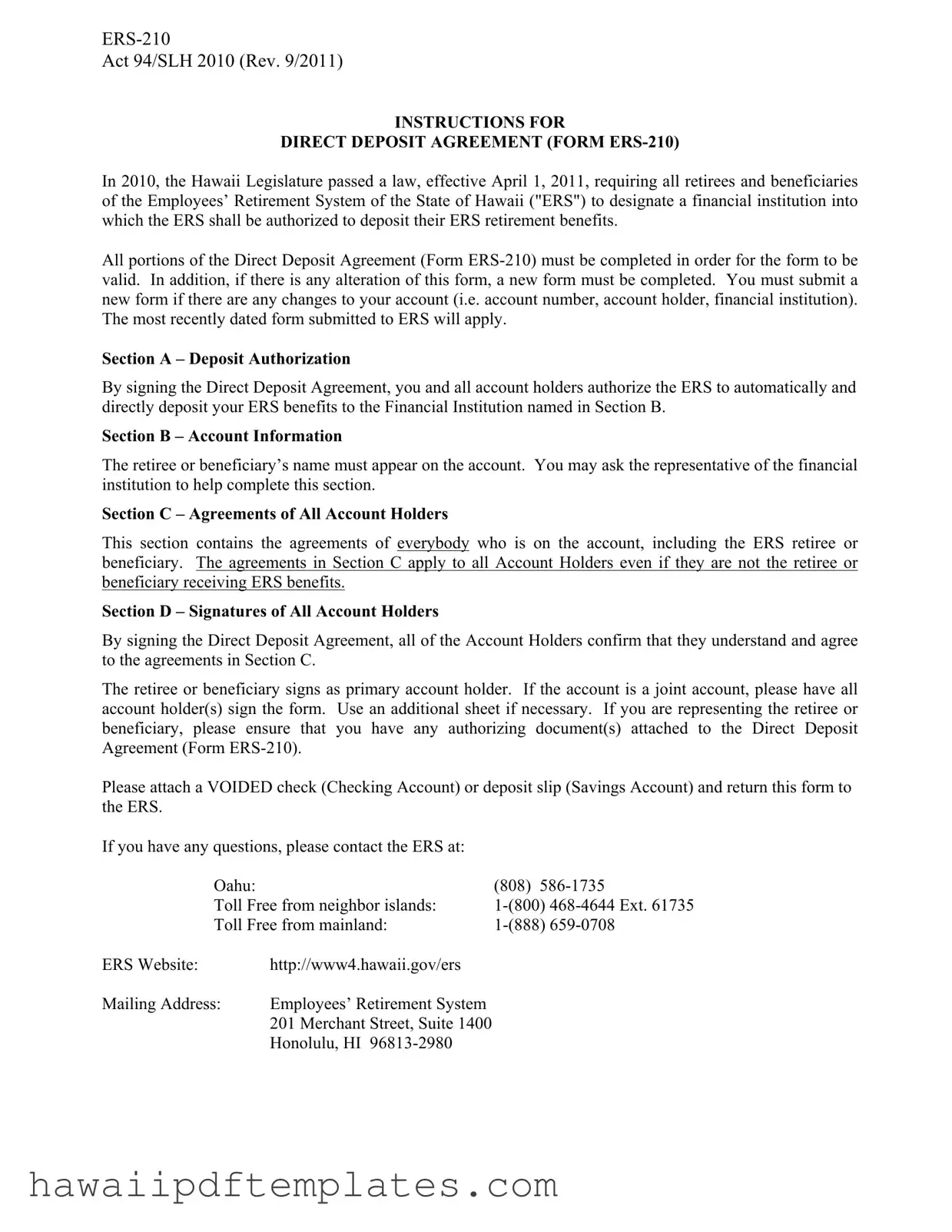 Hawaii Direct Deposit PDF Form