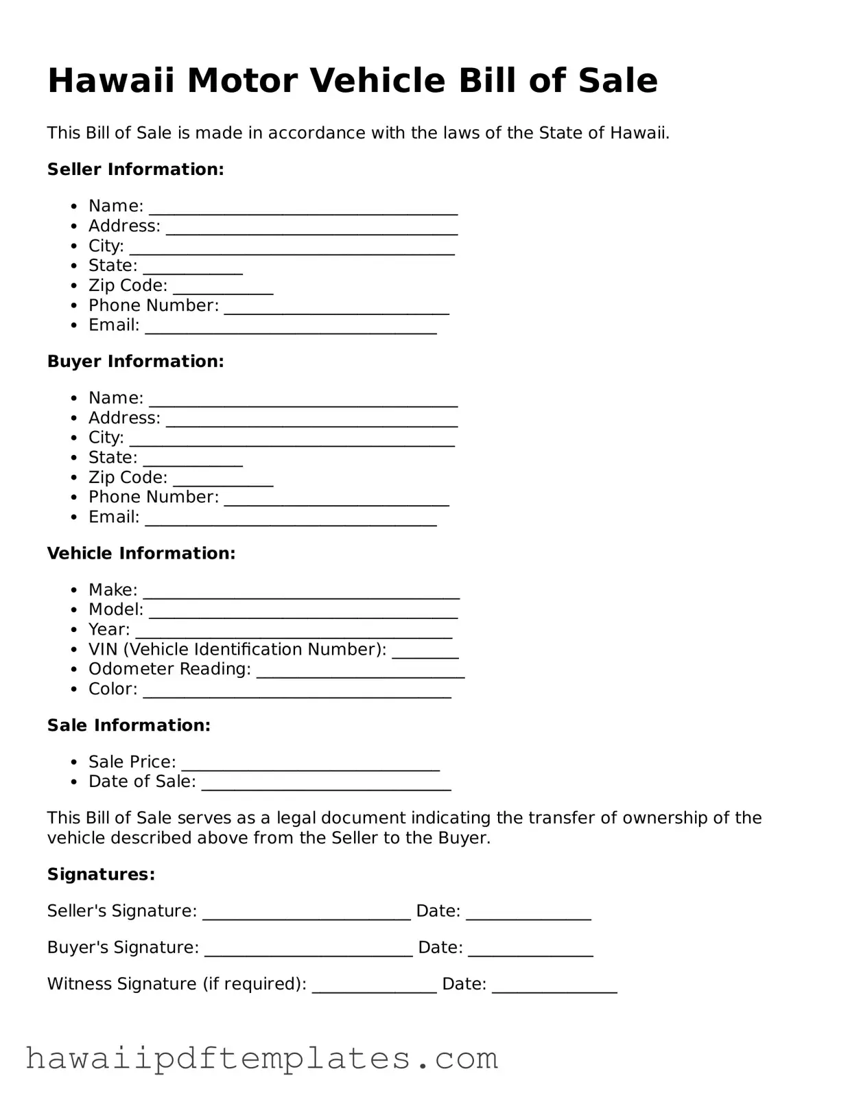 Free Motor Vehicle Bill of Sale Document for Hawaii State