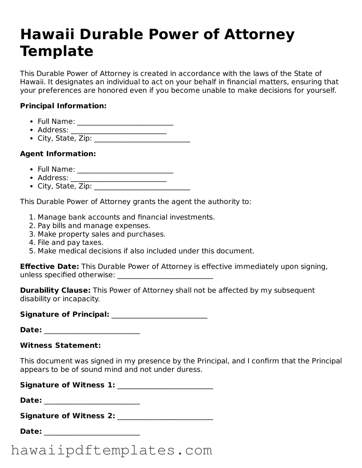 Free Durable Power of Attorney Document for Hawaii State