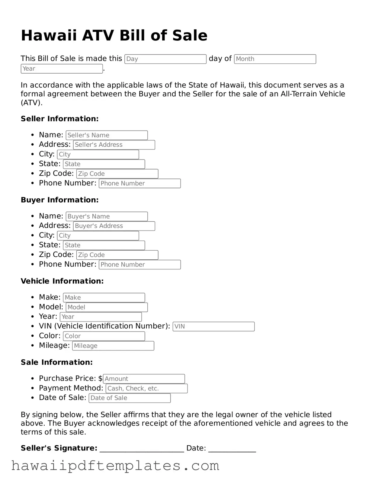 Free ATV Bill of Sale Document for Hawaii State
