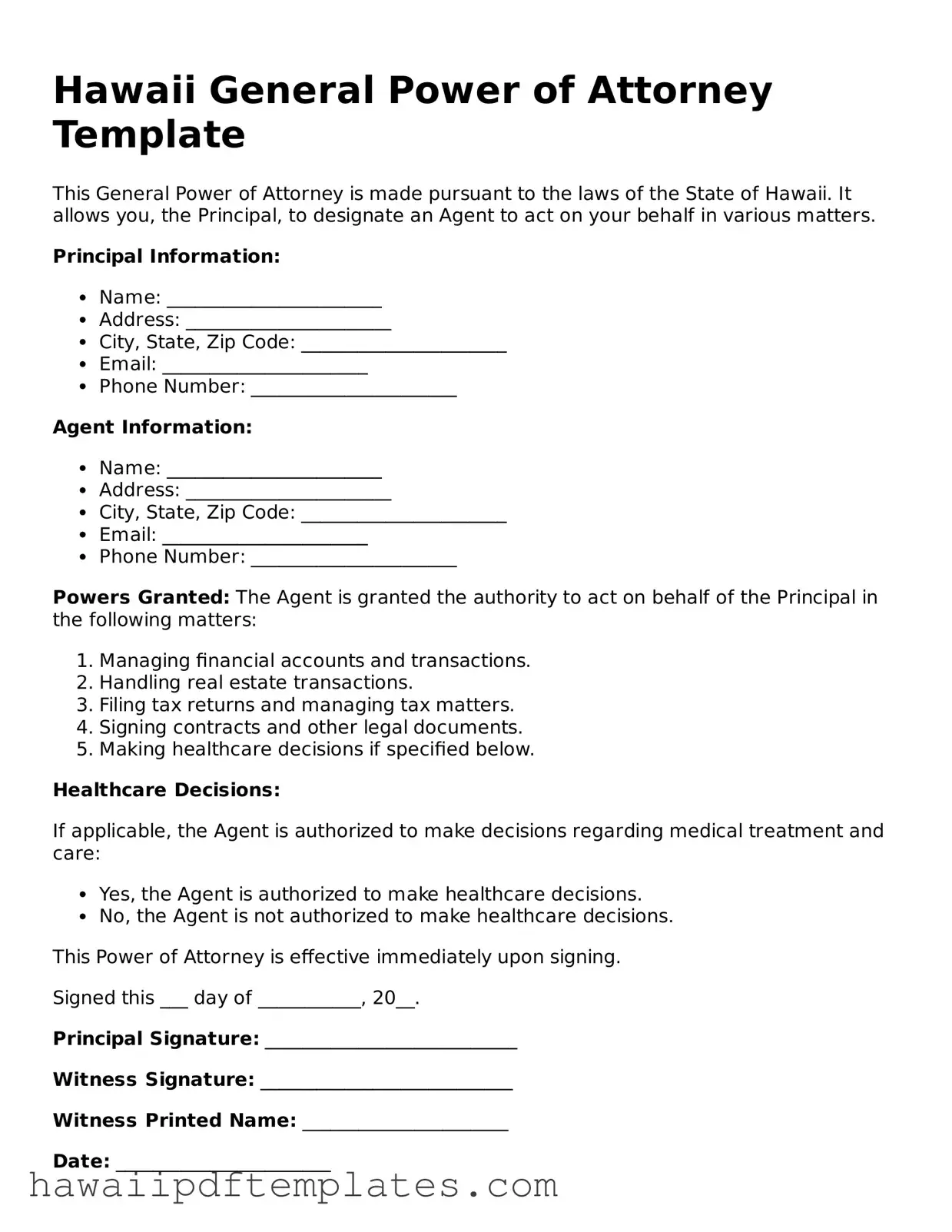 Free General Power of Attorney Document for Hawaii State