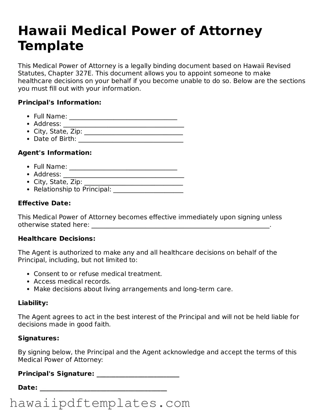 Free Medical Power of Attorney Document for Hawaii State