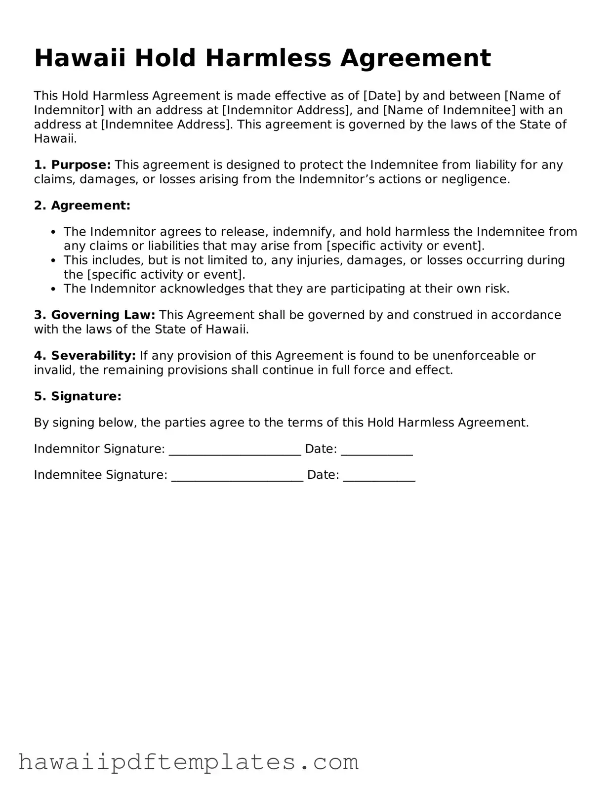 Free Hold Harmless Agreement Document for Hawaii State