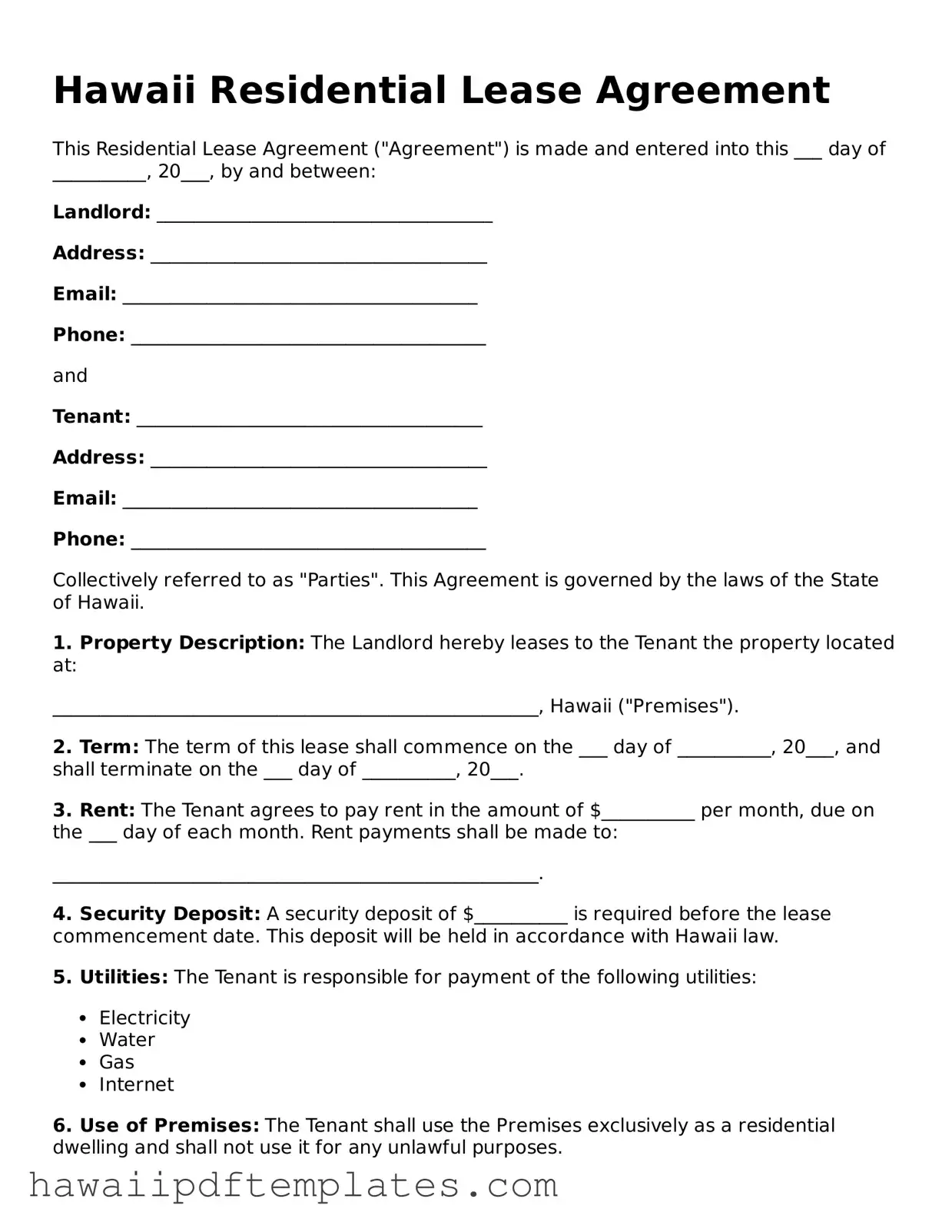 Free Residential Lease Agreement Document for Hawaii State