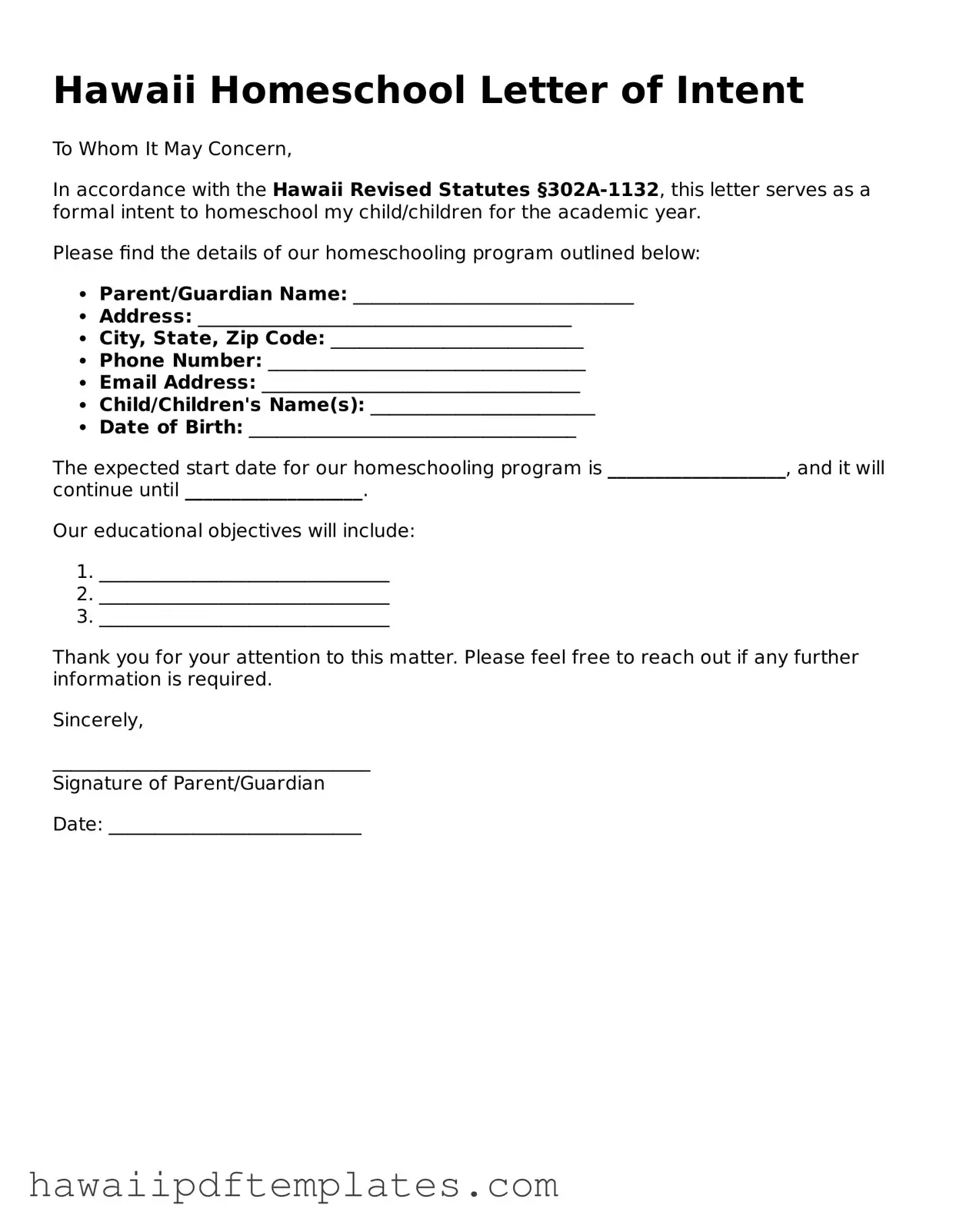Free Homeschool Letter of Intent Document for Hawaii State