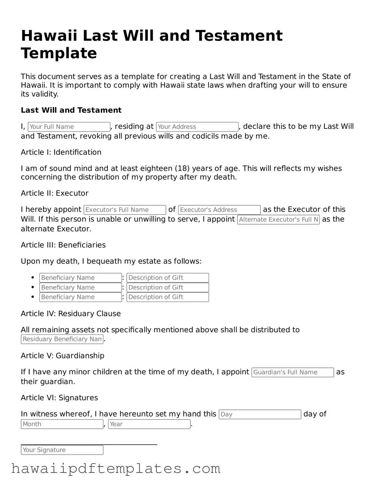 Free Last Will and Testament Document for Hawaii State
