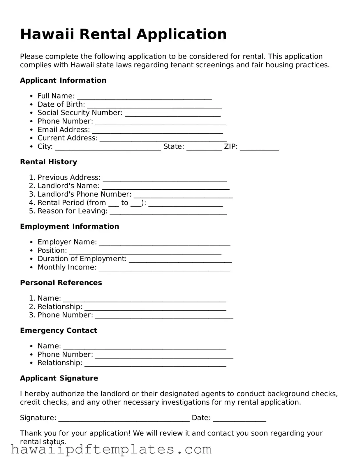Free Rental Application Document for Hawaii State