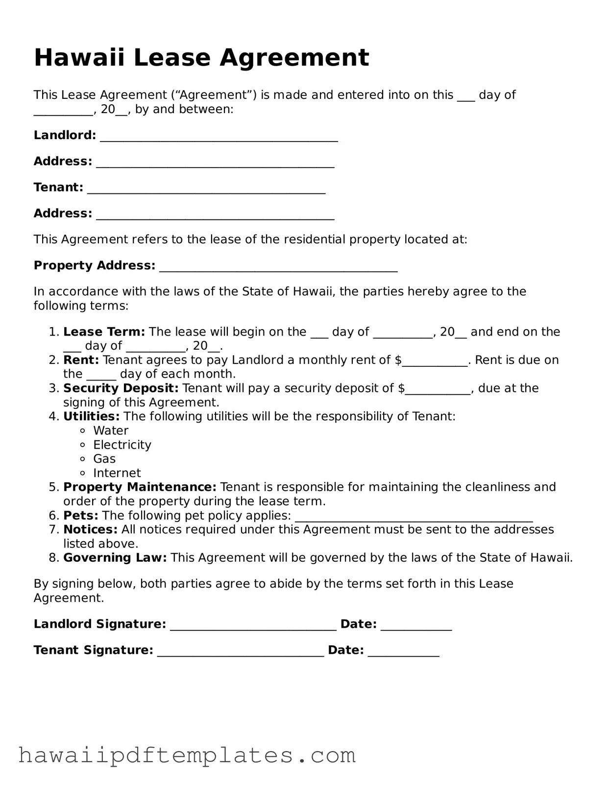 Free Lease Agreement Document for Hawaii State