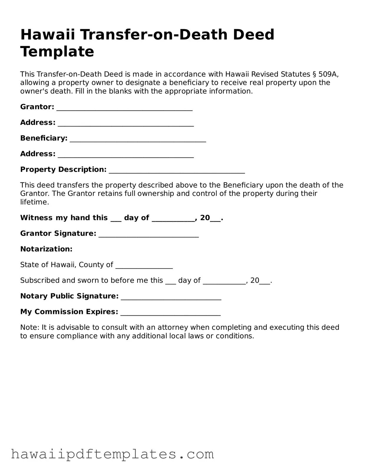 Free Transfer-on-Death Deed Document for Hawaii State