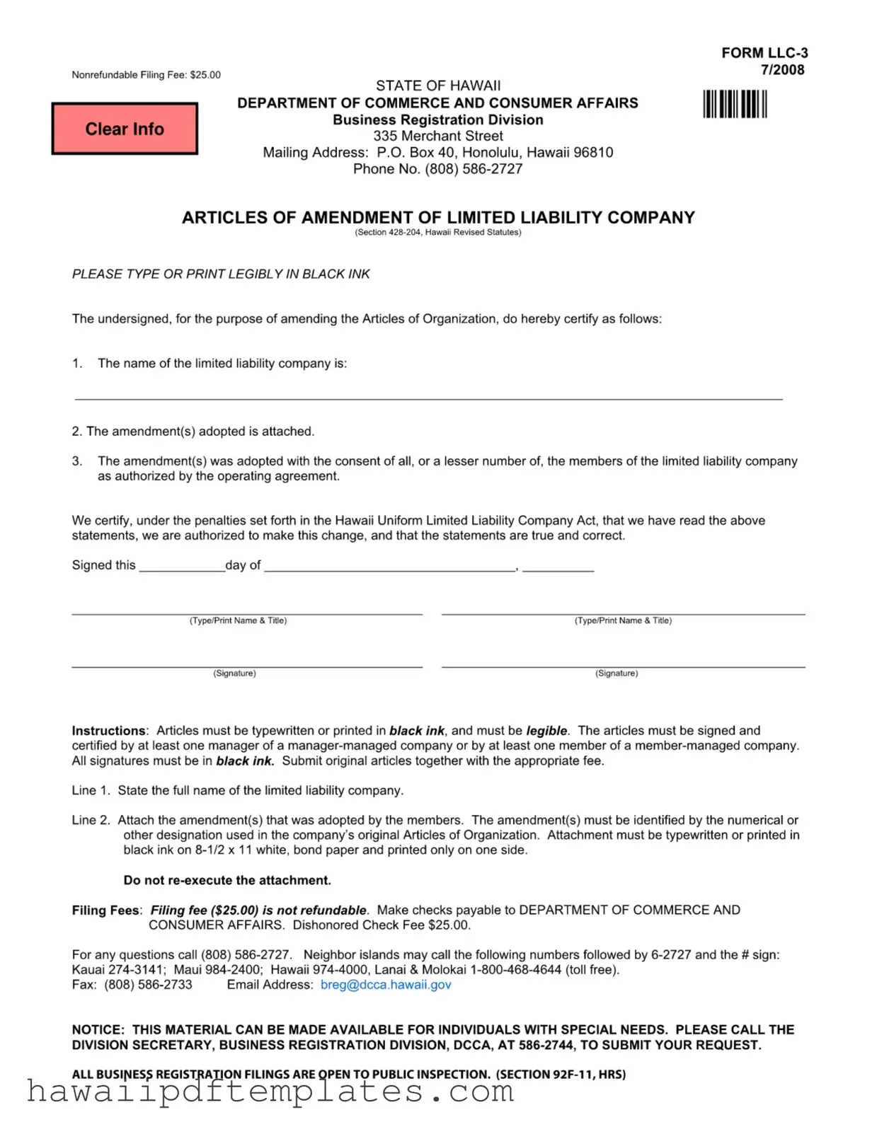 Hawaii Llc 3 PDF Form
