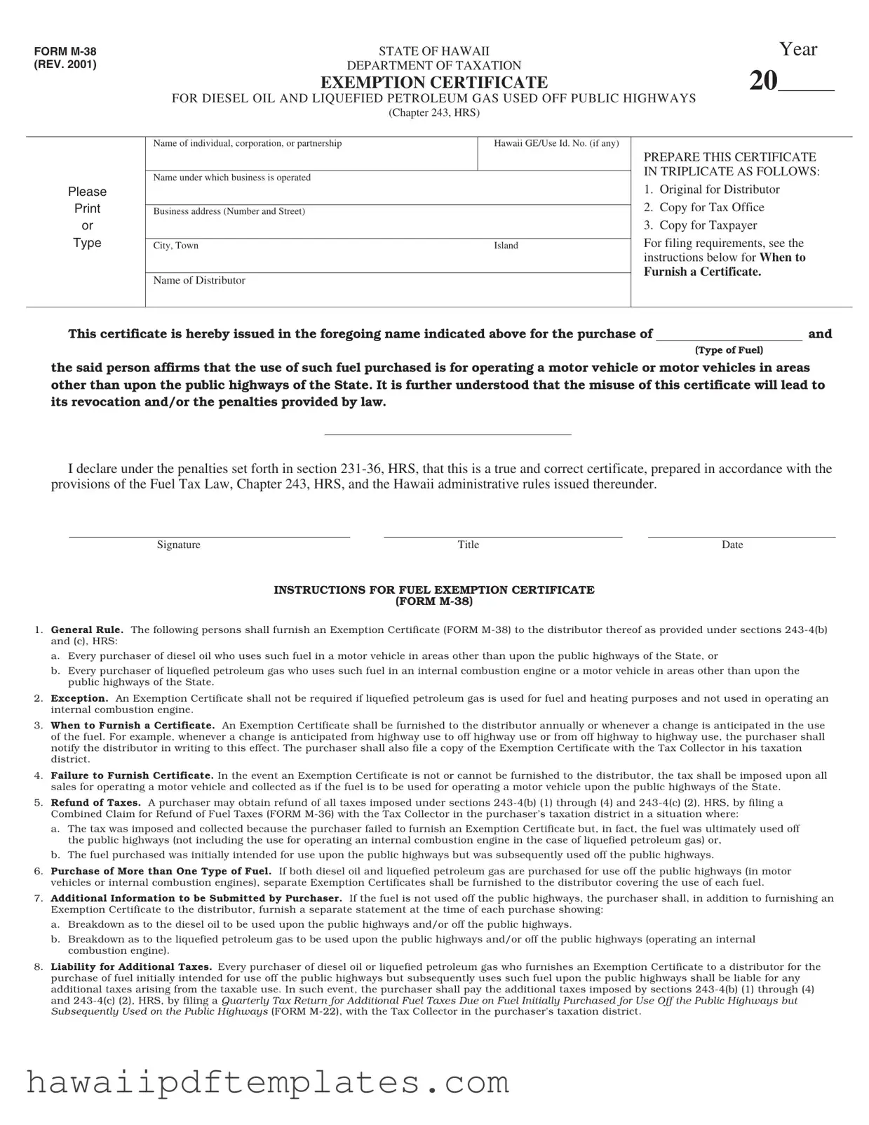 Hawaii M 38 PDF Form