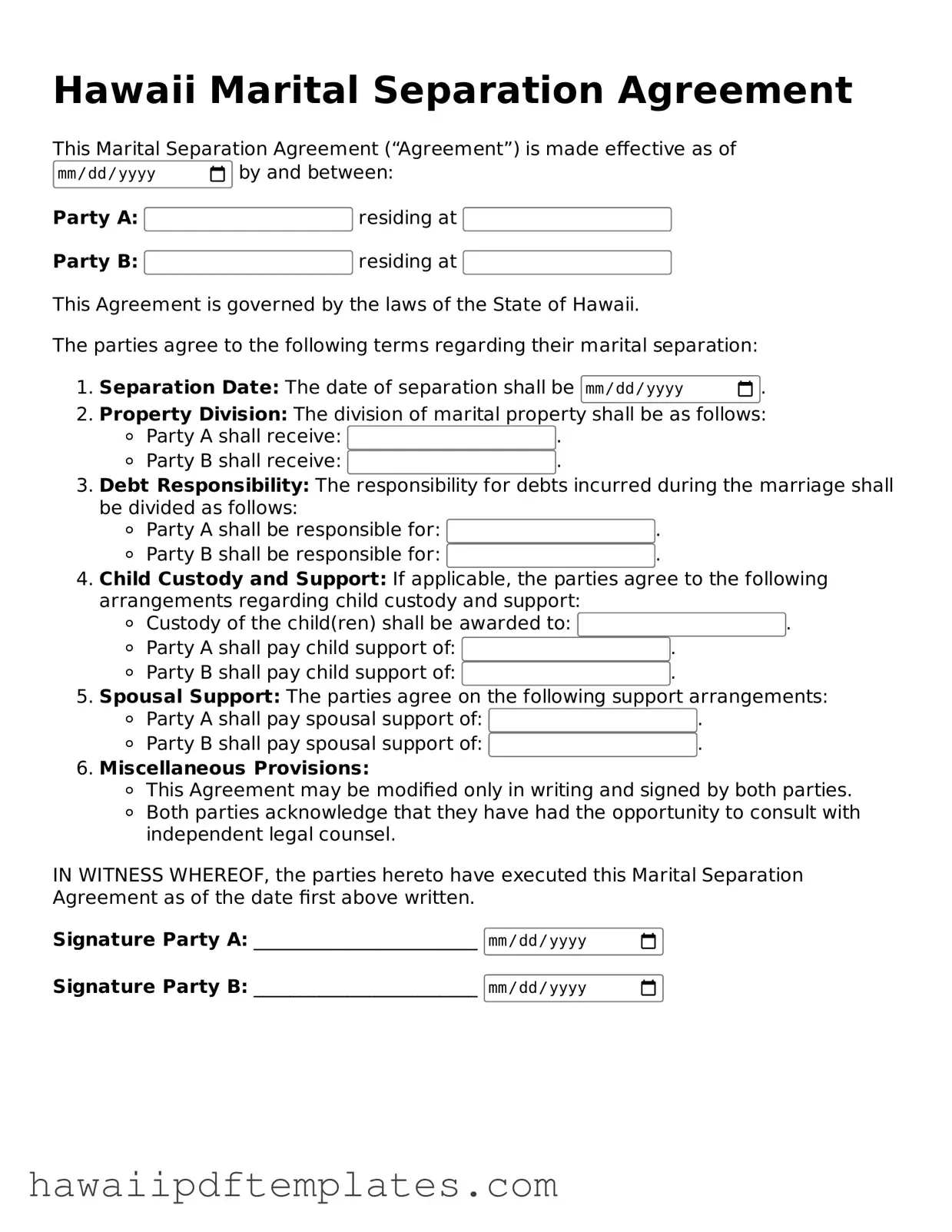 Free Marital Separation Agreement Document for Hawaii State