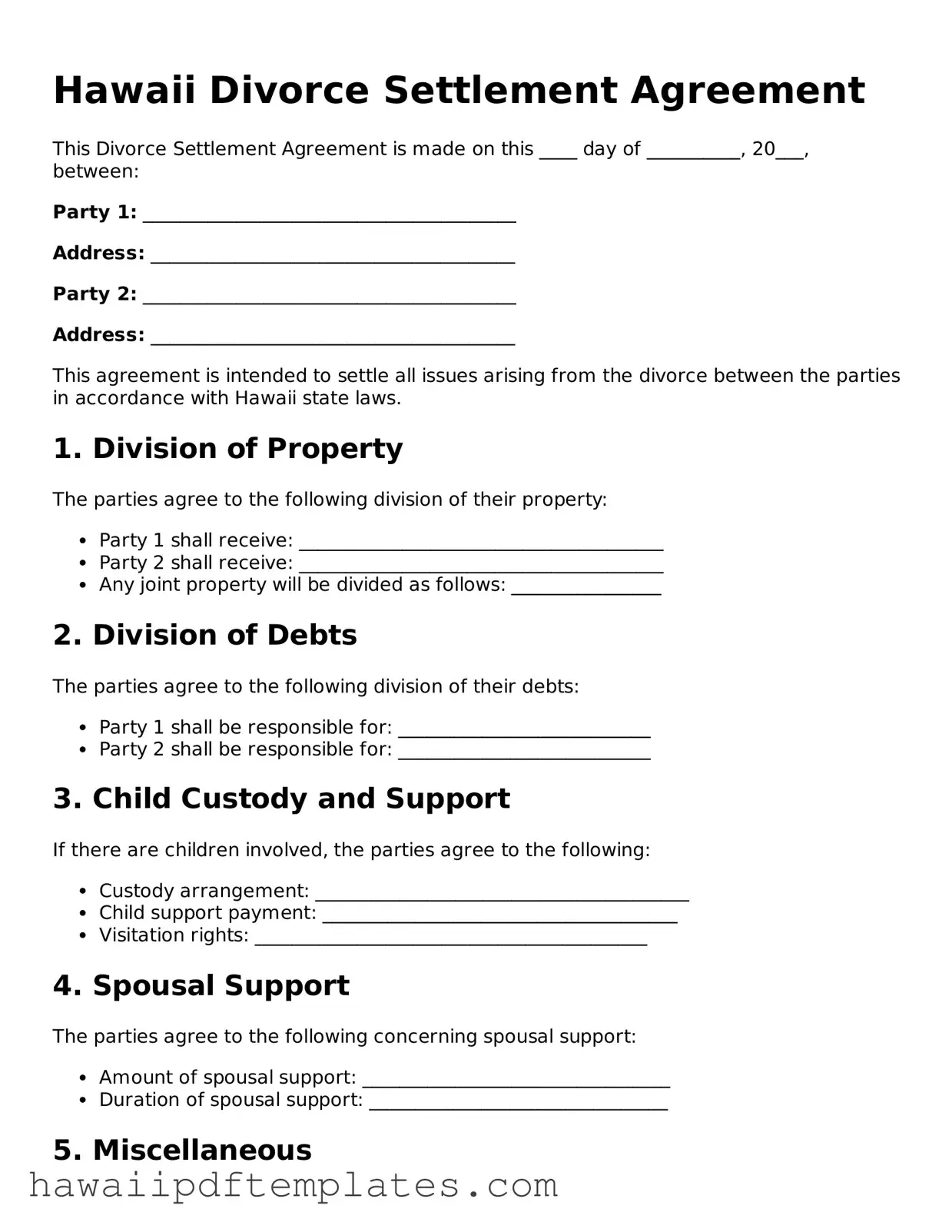 Free Divorce Settlement Agreement Document for Hawaii State
