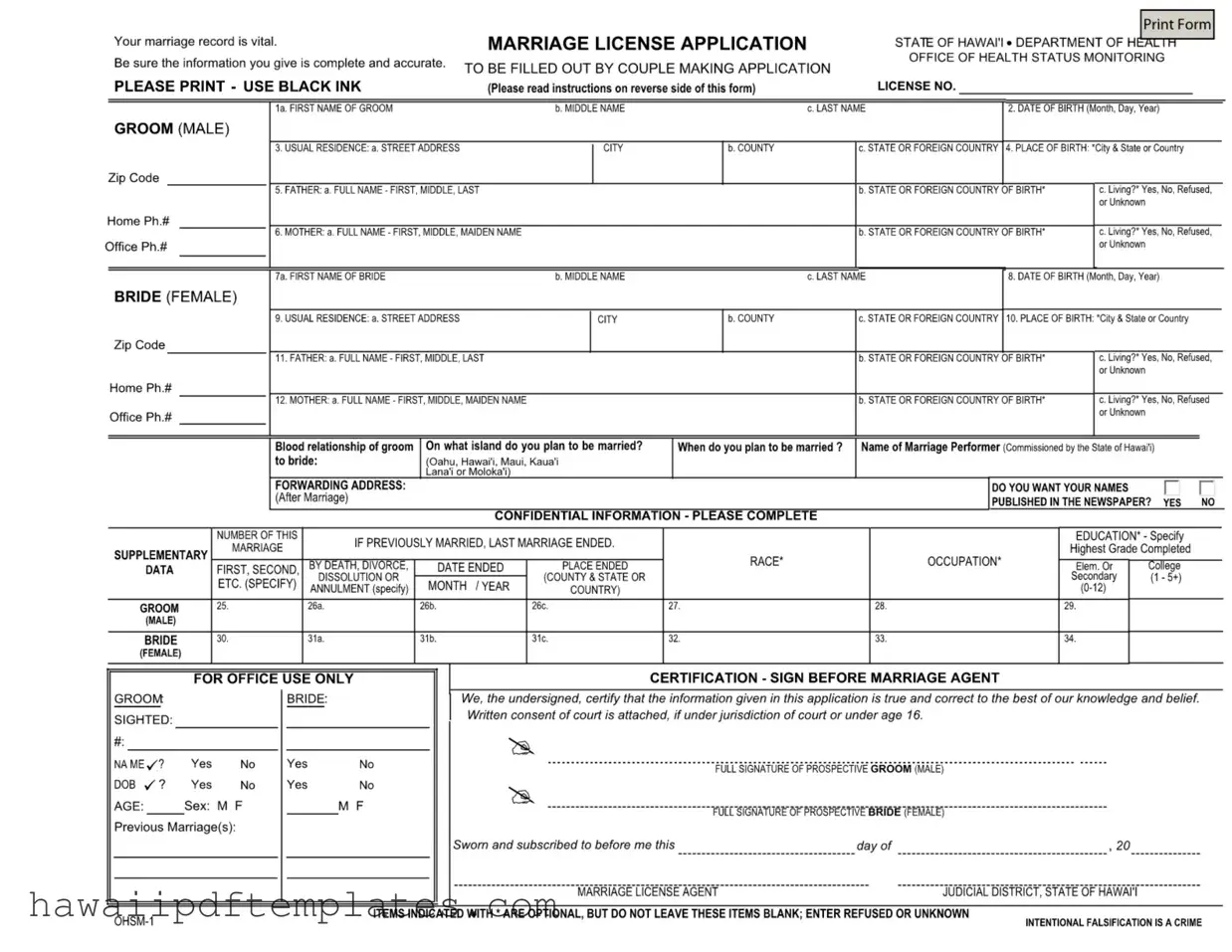 Hawaii Marriage Licens Application PDF Form