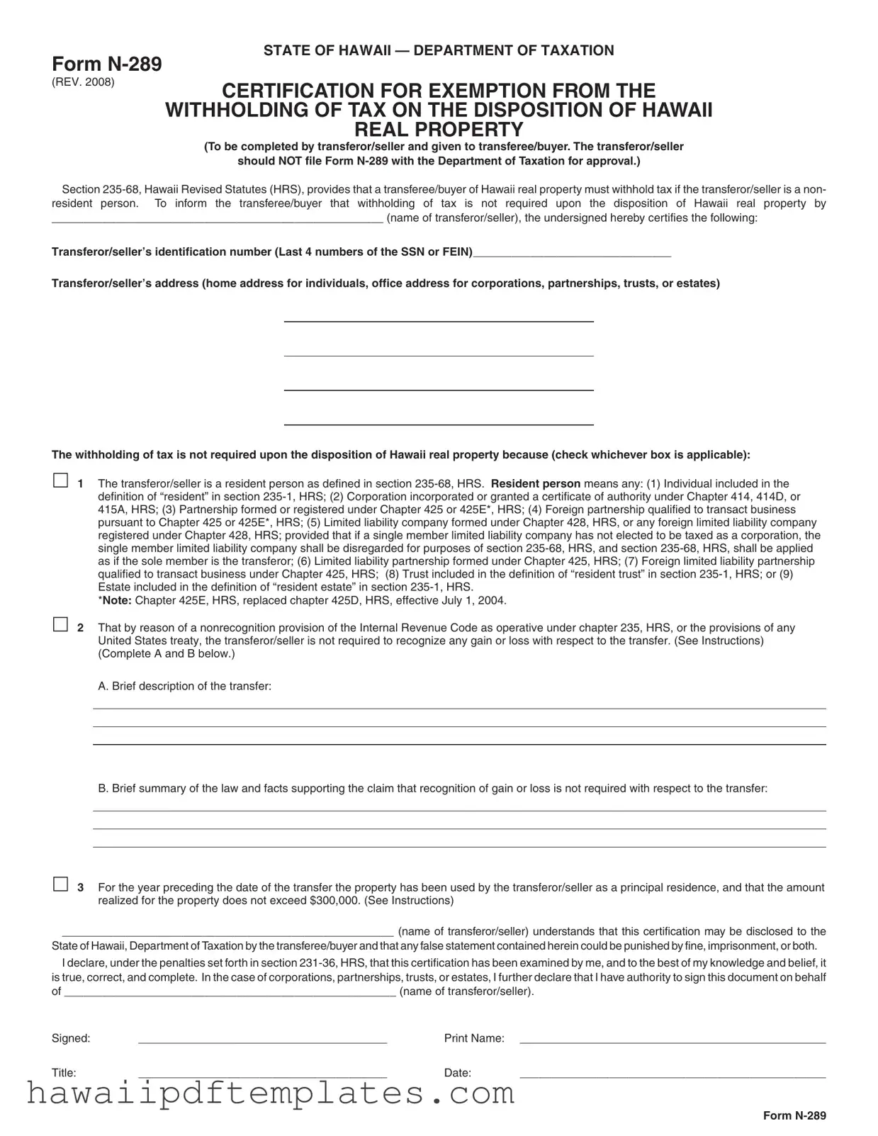 Hawaii N 289 PDF Form