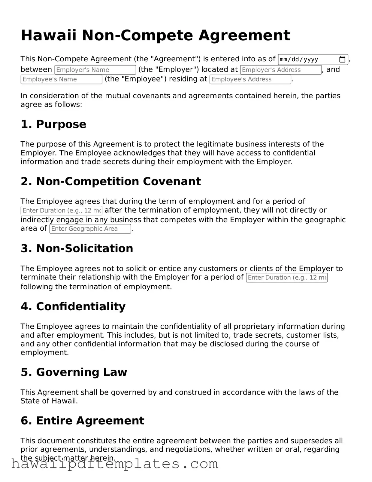 Free Non-compete Agreement Document for Hawaii State