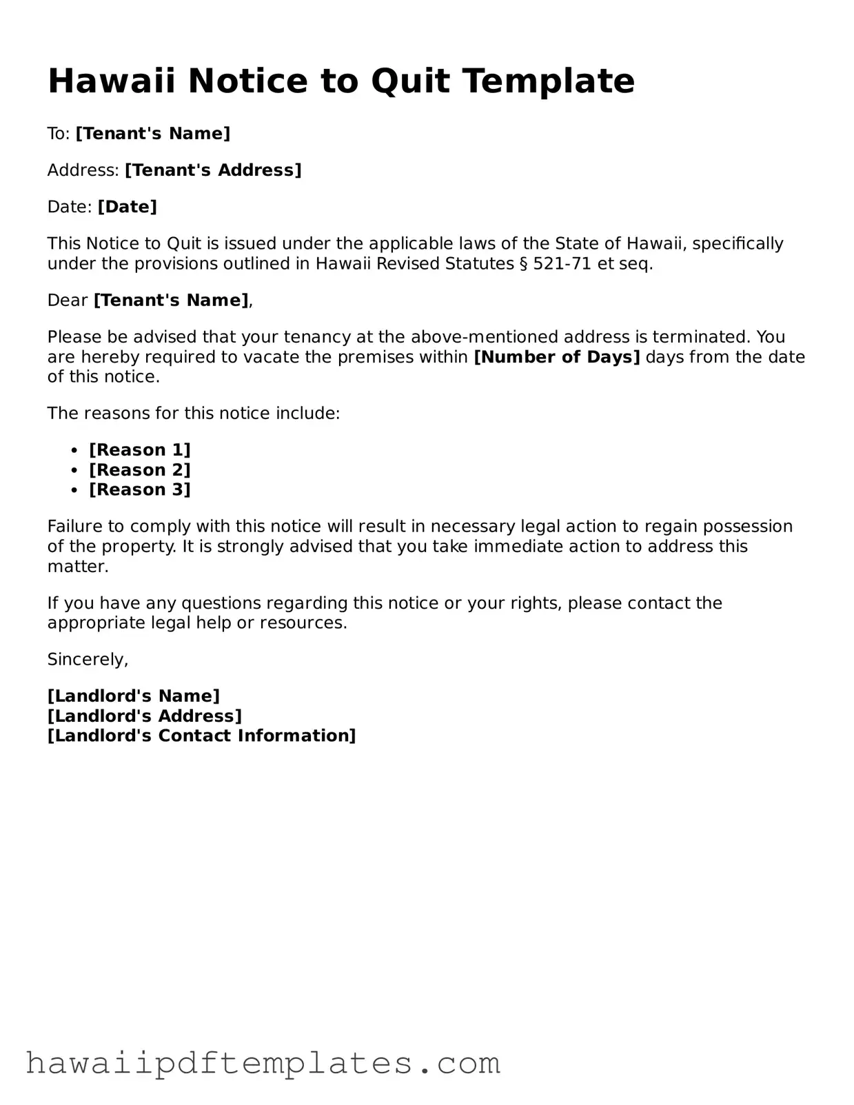 Free Notice to Quit Document for Hawaii State