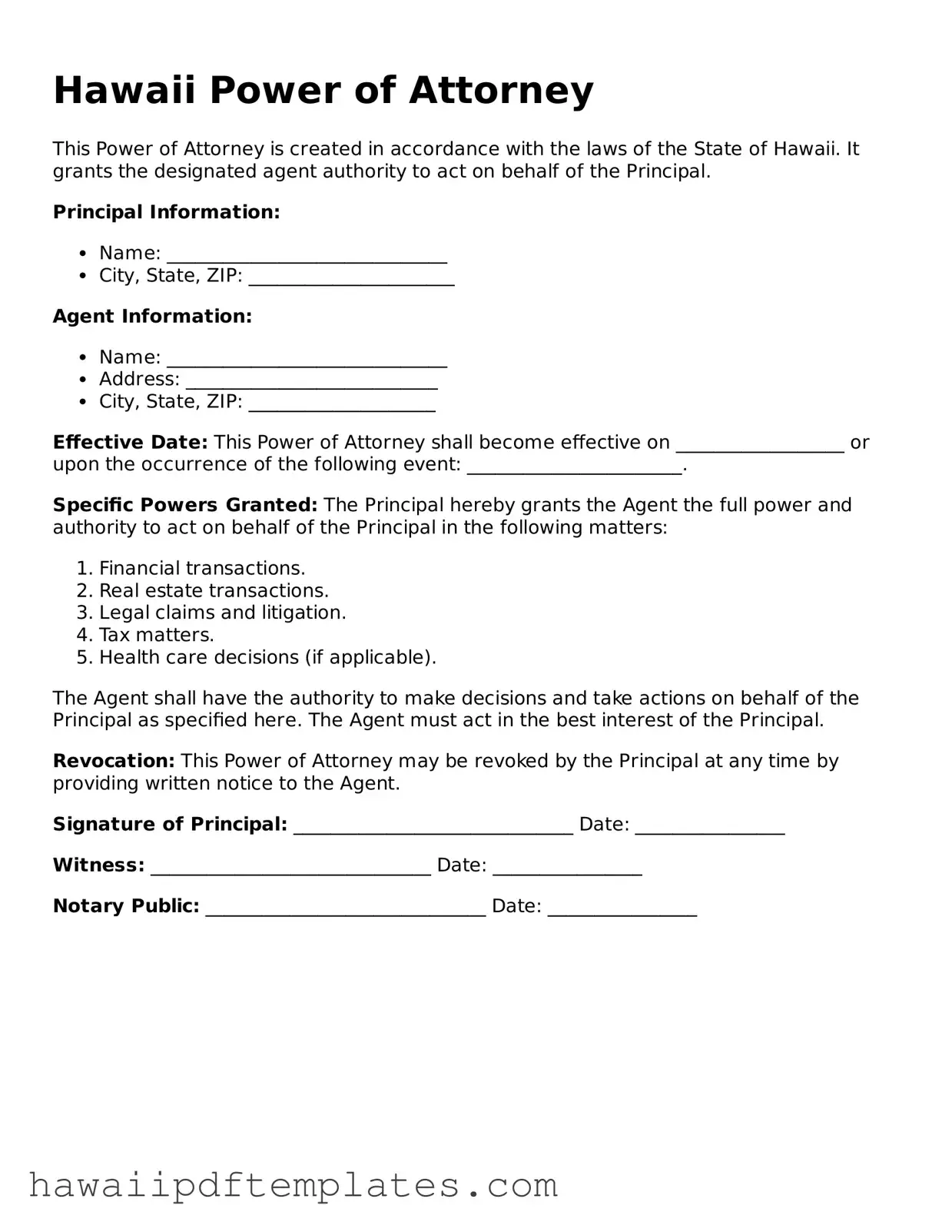 Free Power of Attorney Document for Hawaii State