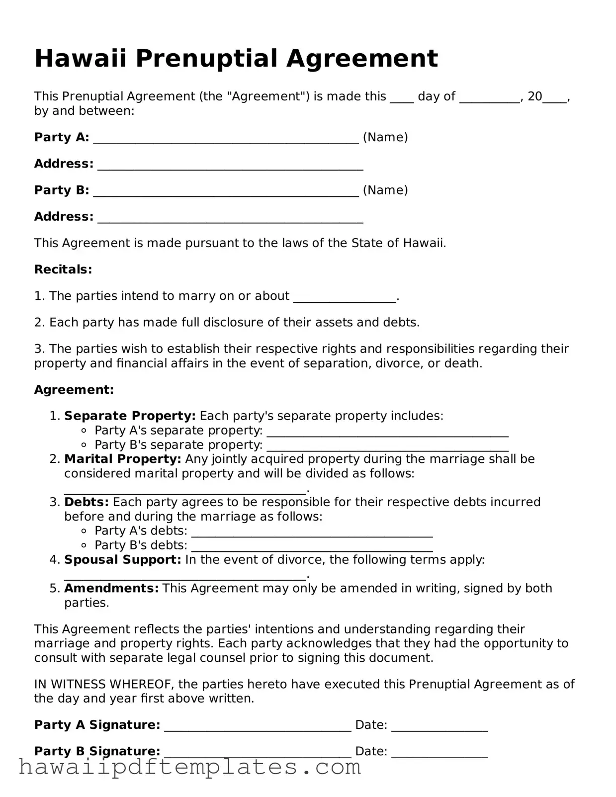 Free Prenuptial Agreement Document for Hawaii State