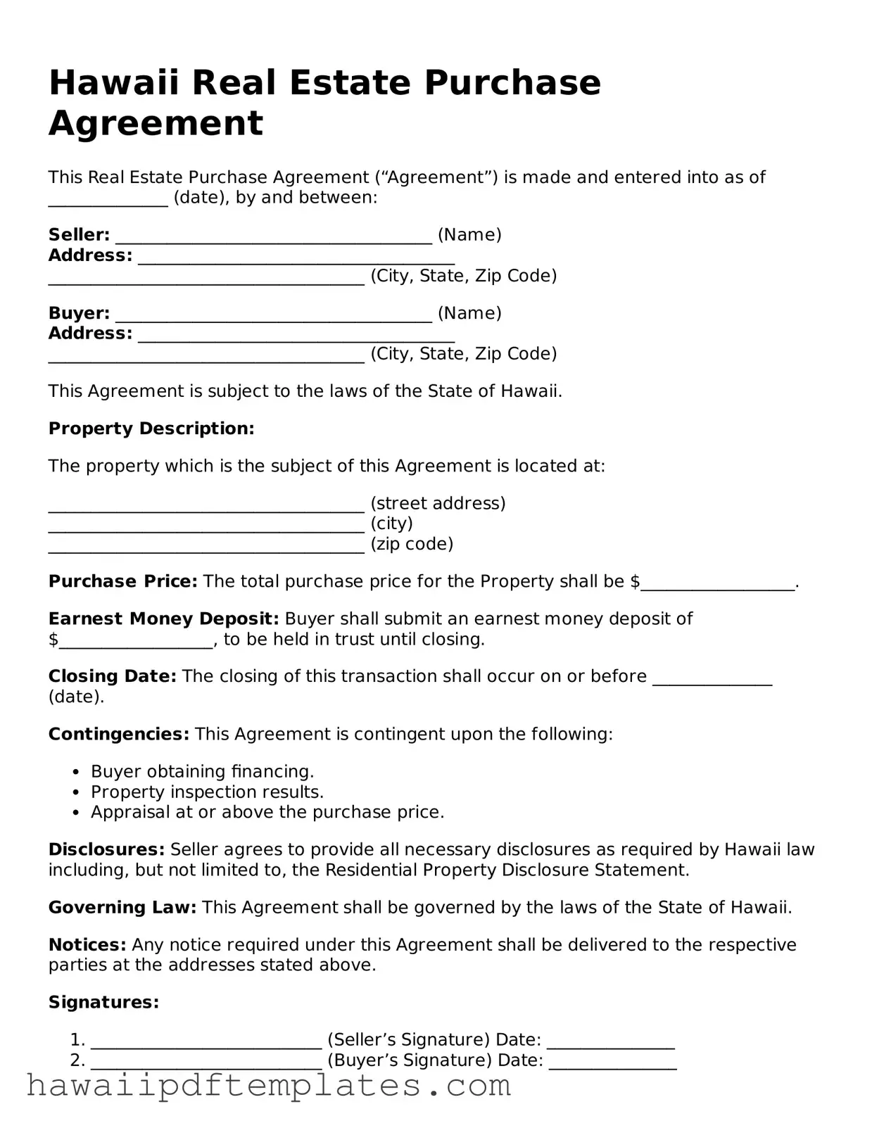 Free Real Estate Purchase Agreement Document for Hawaii State