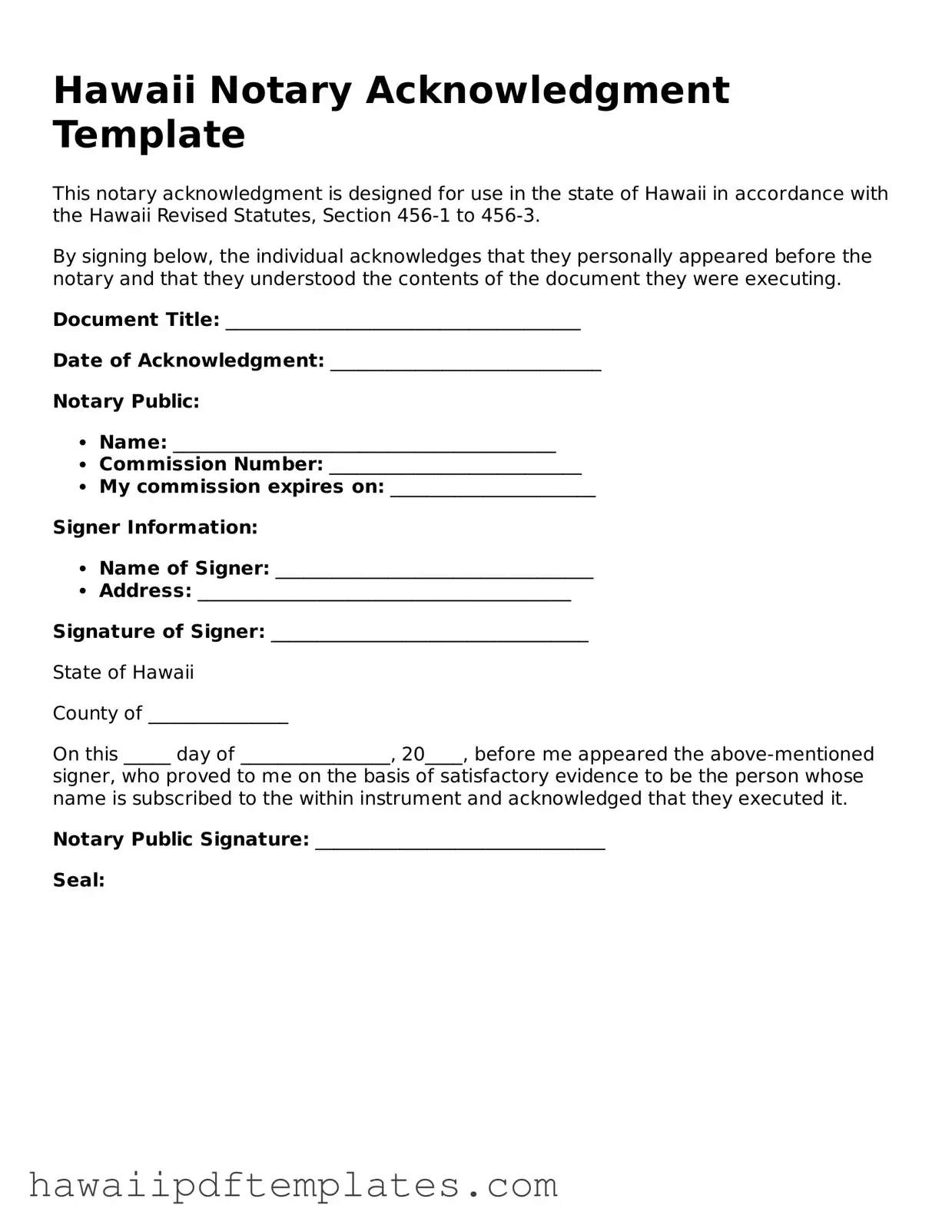 Free Notary Acknowledgement Document for Hawaii State
