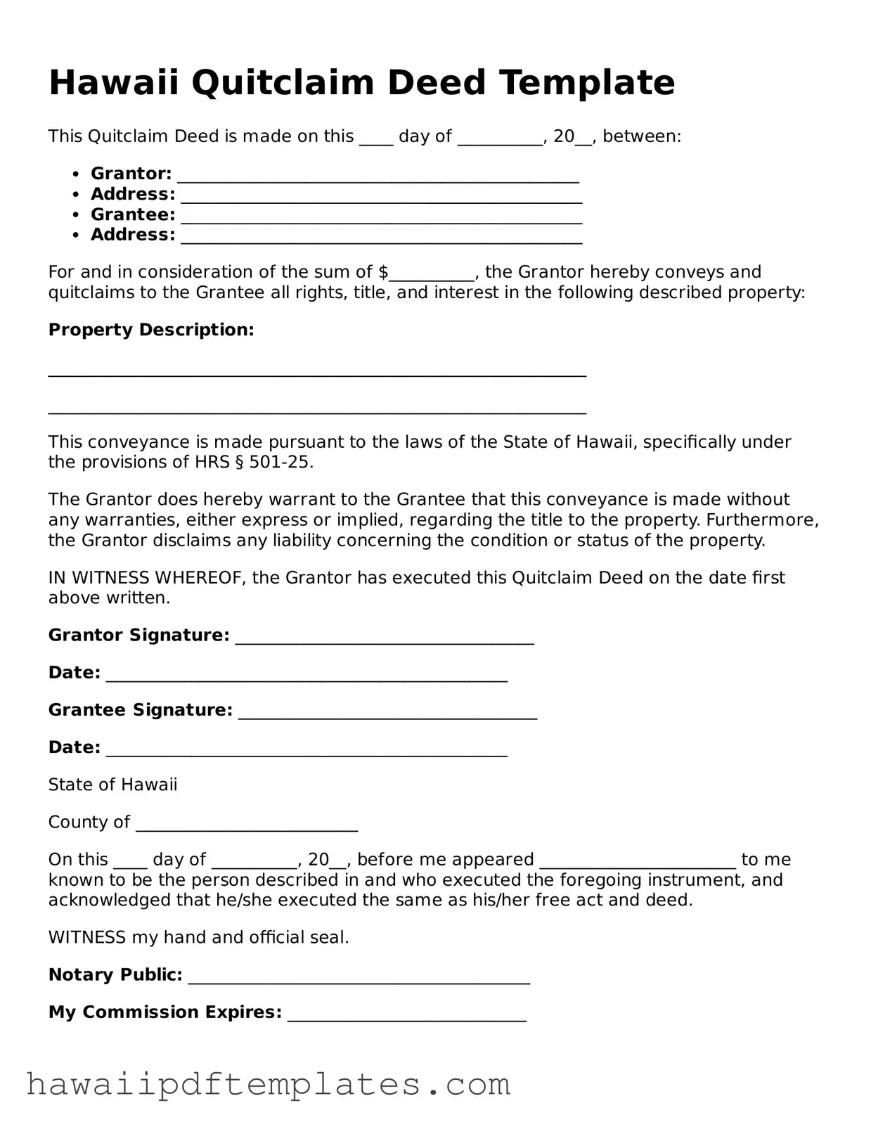 Free Quitclaim Deed Document for Hawaii State