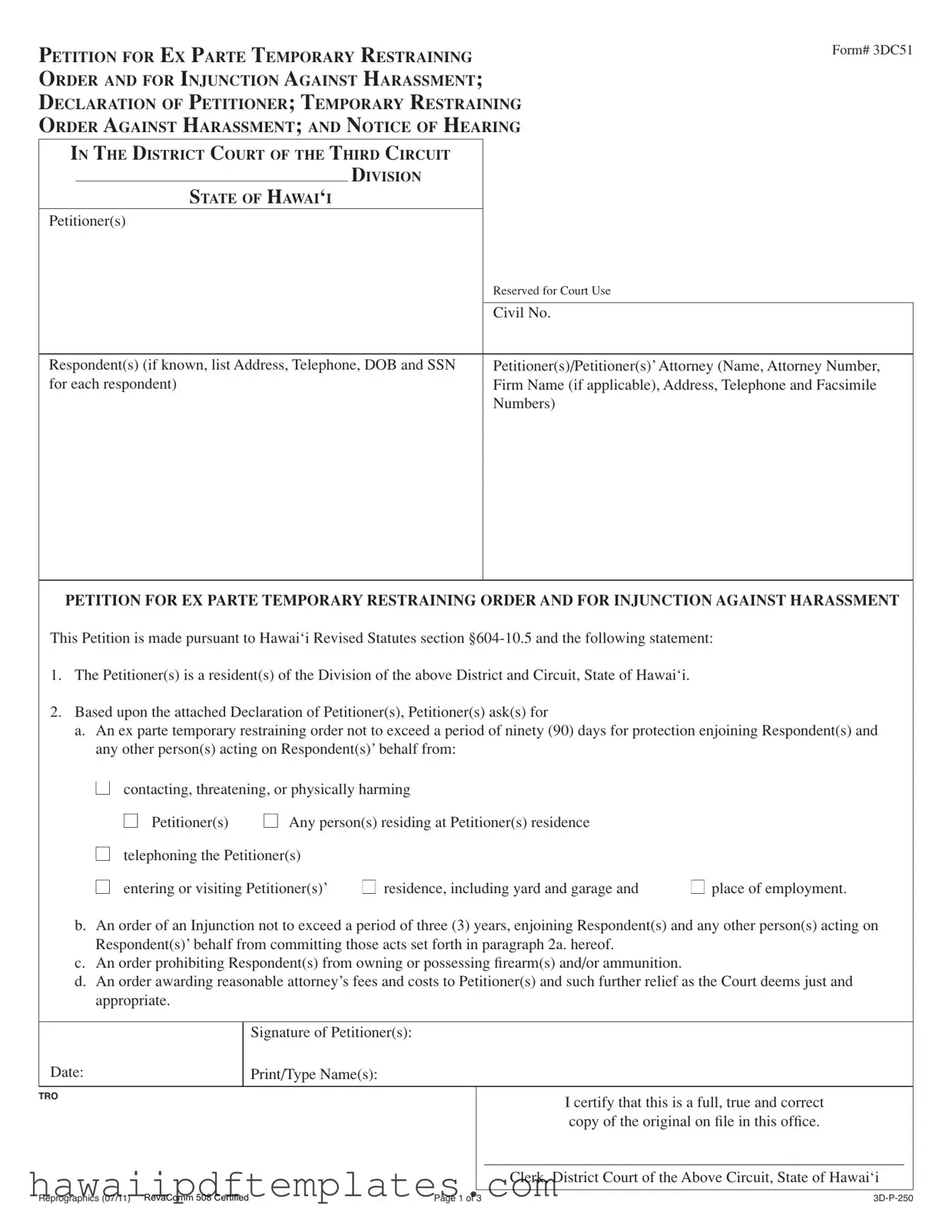 Hawaii Restraining Order PDF Form