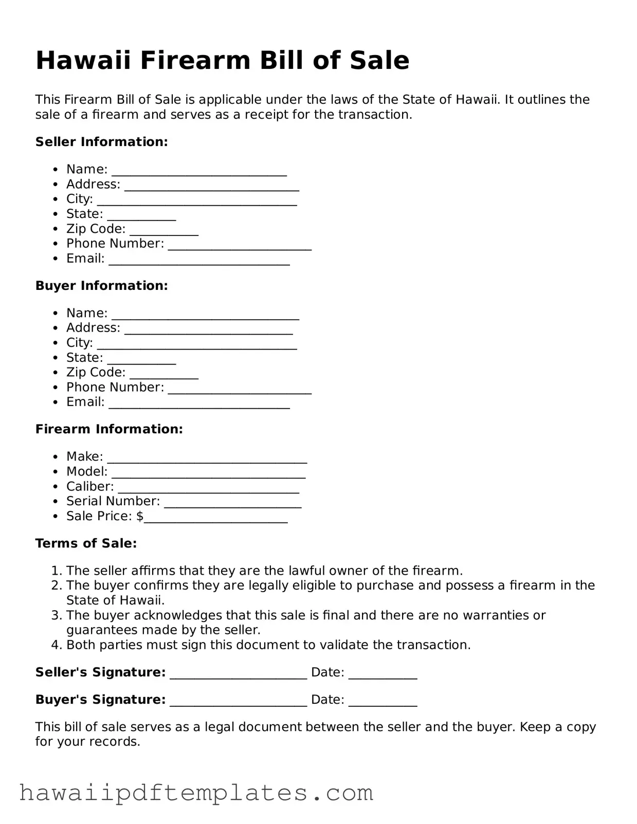 Free Firearm Bill of Sale Document for Hawaii State