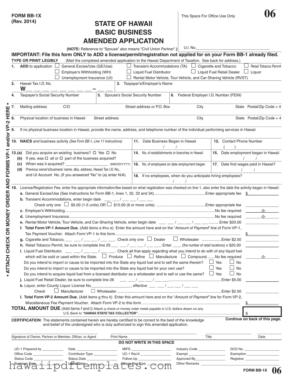 Hawaii Tax Bb1X PDF Form