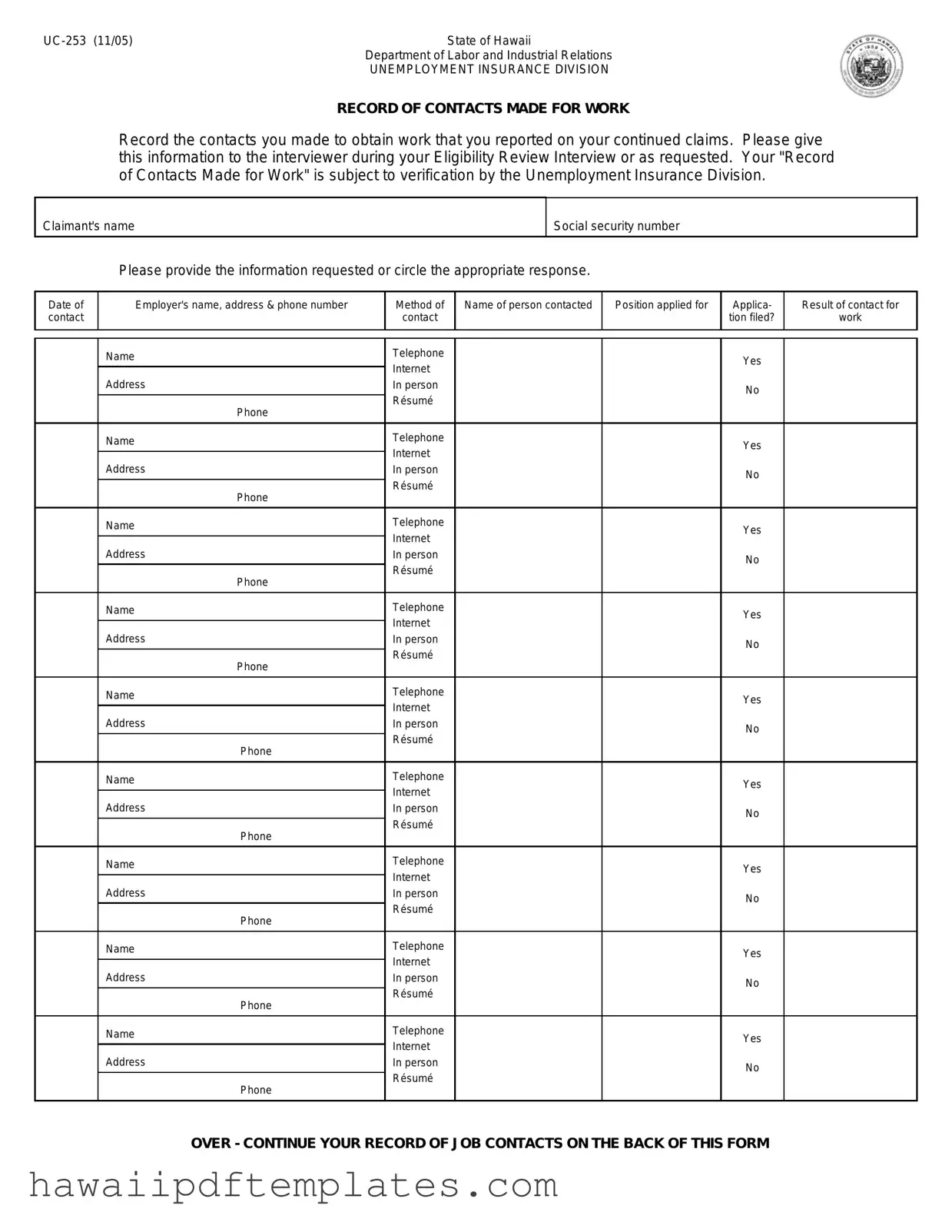 Hawaii Uc 253 PDF Form
