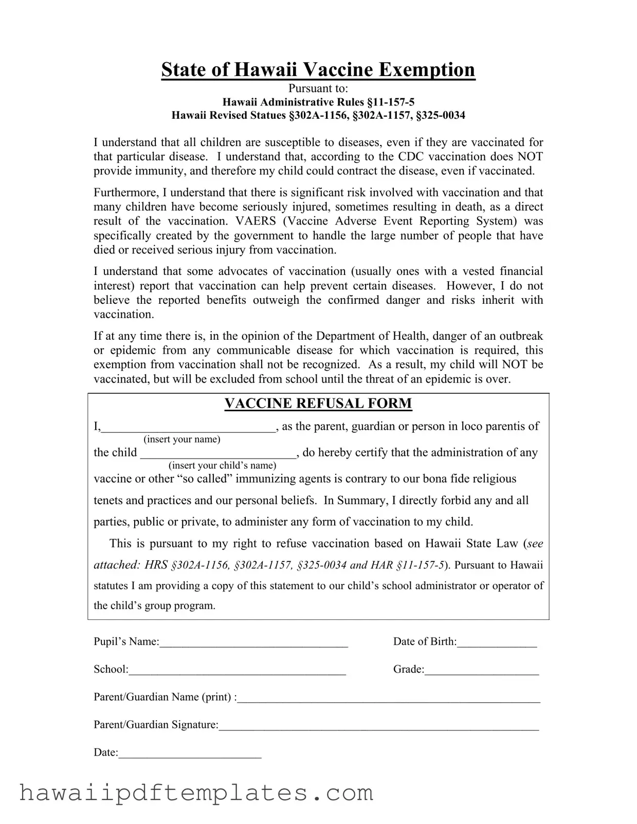 Hawaii Vaccine Exemption PDF Form