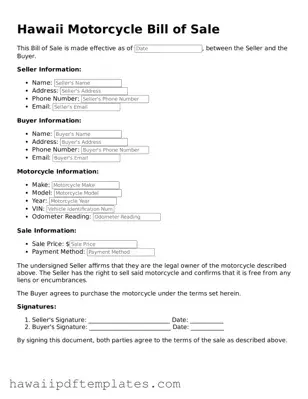 Free Motorcycle Bill of Sale Document for Hawaii State