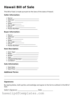 Free Bill of Sale Document for Hawaii State