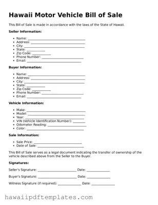 Free Motor Vehicle Bill of Sale Document for Hawaii State