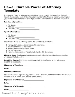 Free Durable Power of Attorney Document for Hawaii State