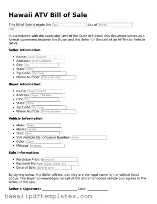 Free ATV Bill of Sale Document for Hawaii State