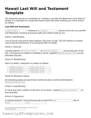 Free Last Will and Testament Document for Hawaii State
