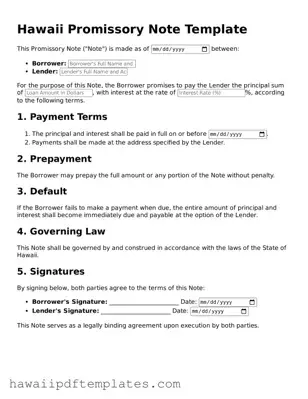 Free Promissory Note Document for Hawaii State