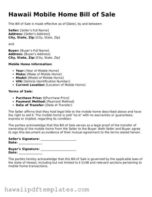 Free Mobile Home Bill of Sale Document for Hawaii State