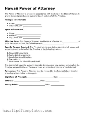Free Power of Attorney Document for Hawaii State